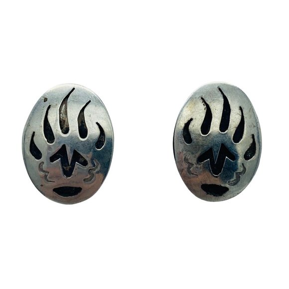 Vintage Sterling Silver Shadowbox  Bear Paw Stud Earrings Southwestern Ethnic - Picture 2 of 7